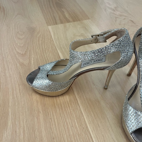 Jimmy Choo Glittering T-Strap Silver Heels - Picture 2 of 5